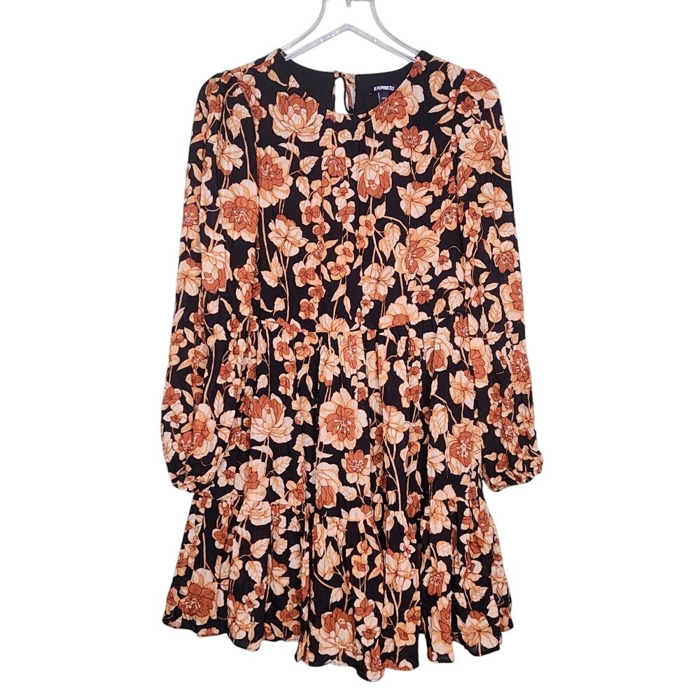 Express Floral Babydoll Dress Long‎ Sleeve Black Orange Mini Tiered Cottage Boho